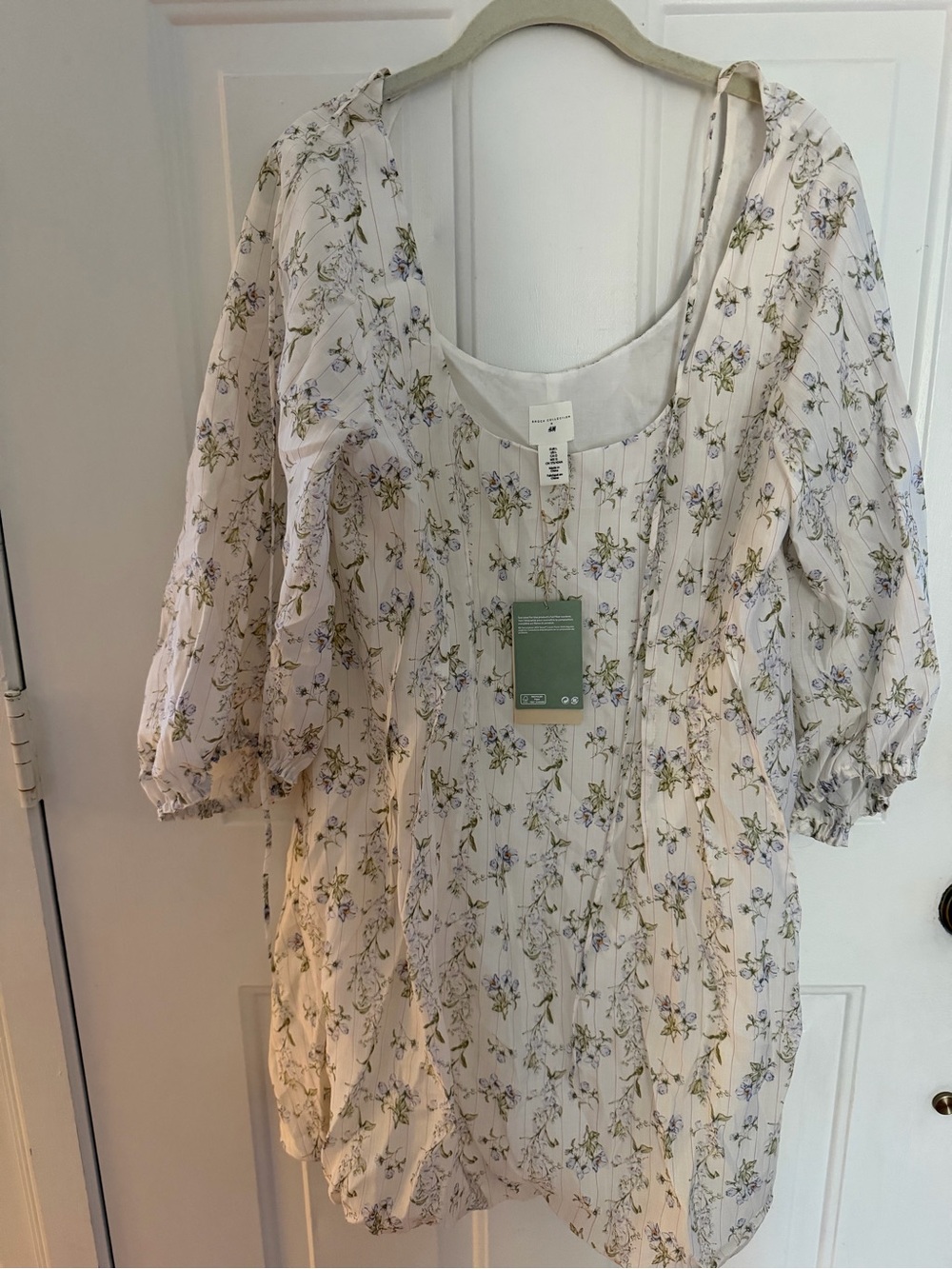 Light Cream Floral Tunic Dress with Puff Sleeves Brock x H&M collab